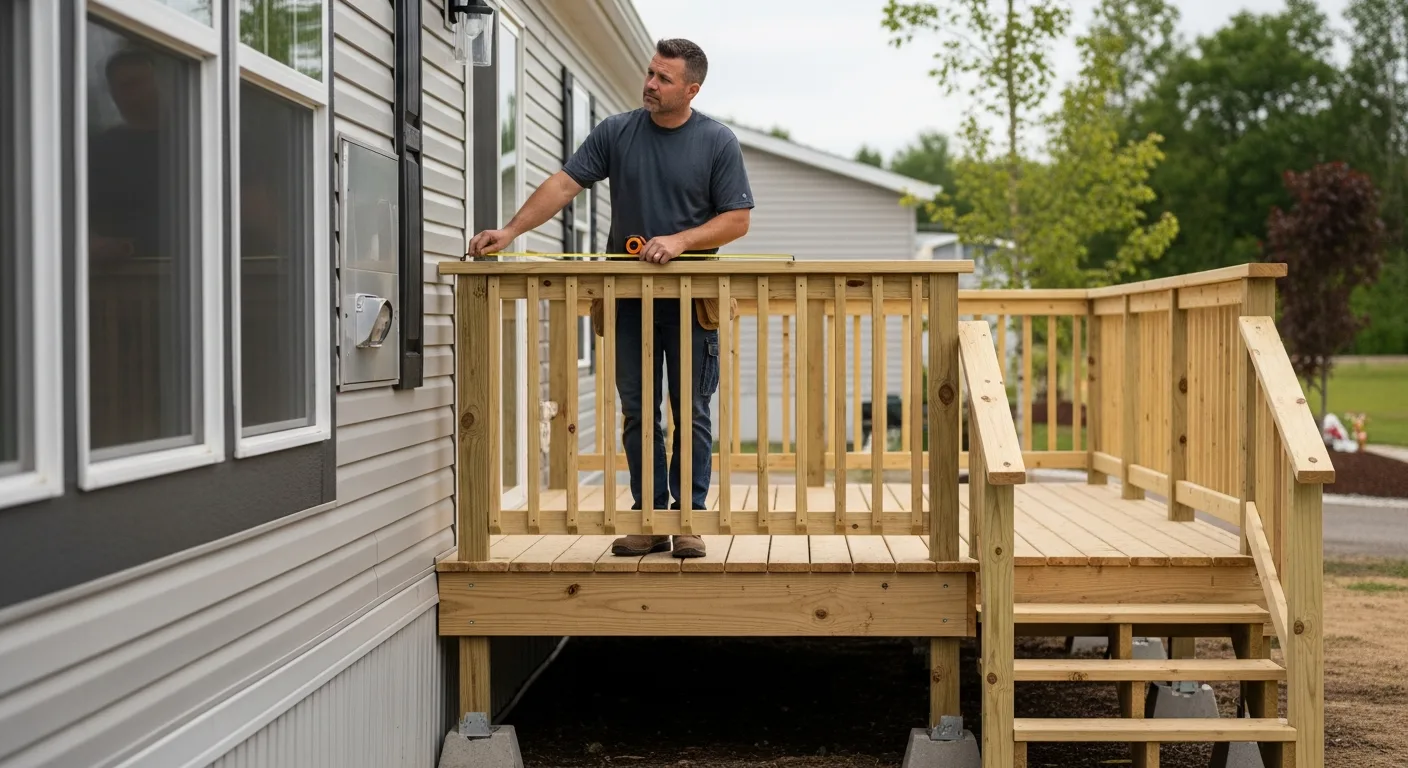 Man measuring wooden porch for Decking for Mobile Homes: Ideas & Attachment Guide.