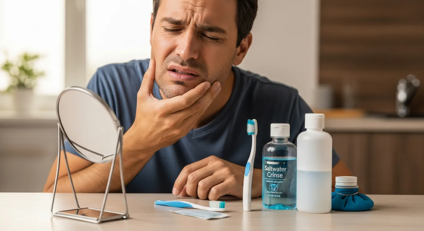 Man in pain using DIY Dental Care: Managing Chipped Teeth & Abscess Pain at Home tools like saltwater rinse.