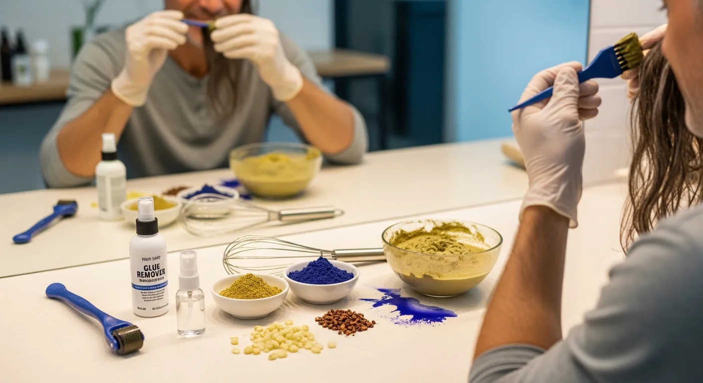 DIY Hair Care & Safety: Natural Dye, Microneedling & Glue Removal tools laid out as a man applies green henna to his hair.