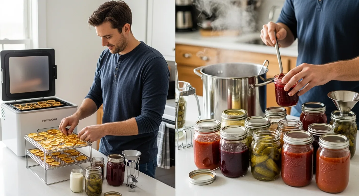 A man uses a DIY Home Preserving: Freeze Drying & Canning Basics Guide to prep food with a freeze dryer and canning jars.