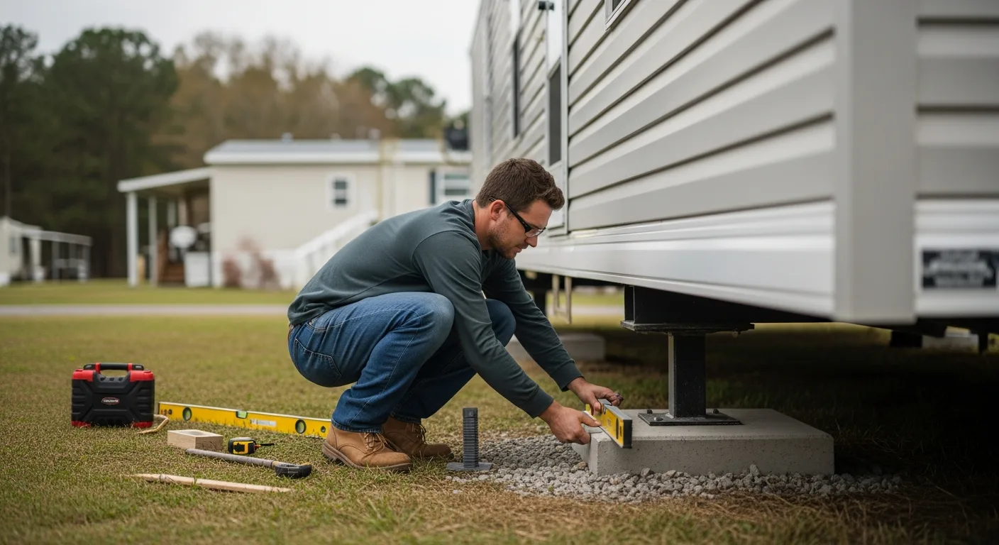 Man leveling a foundation for DIY Mobile Home Leveling: Concrete Pads, Piers & Costs Guide.
