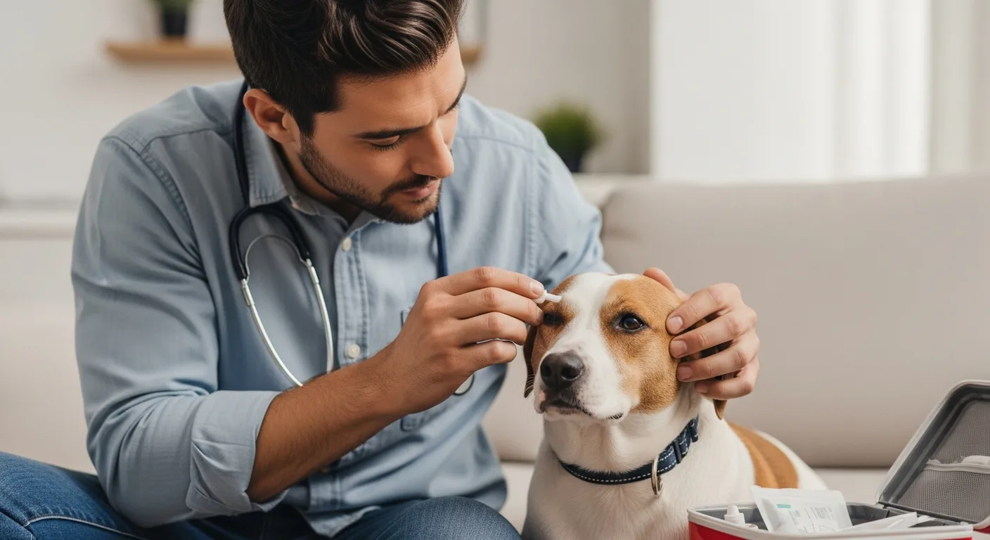 Man applying eye drops for Emergency Pet Care: Mange, Eye Infections & Diarrhea Home Treatment.