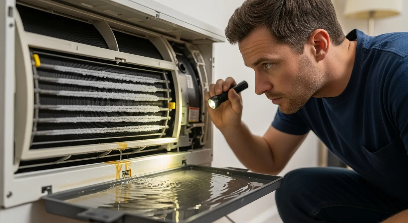 A man performs Home AC Troubleshooting: Fix Water Leaks & Coils Freezing Up while inspecting a unit with a flashlight.