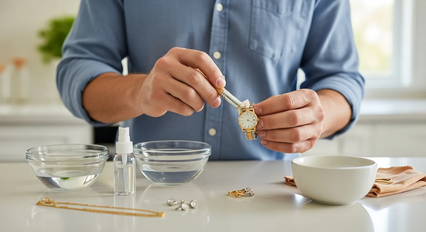 A person using a brush for Home Jewelry Cleaning: Gold, Silver & Diamond Care Guide with cleaning supplies.