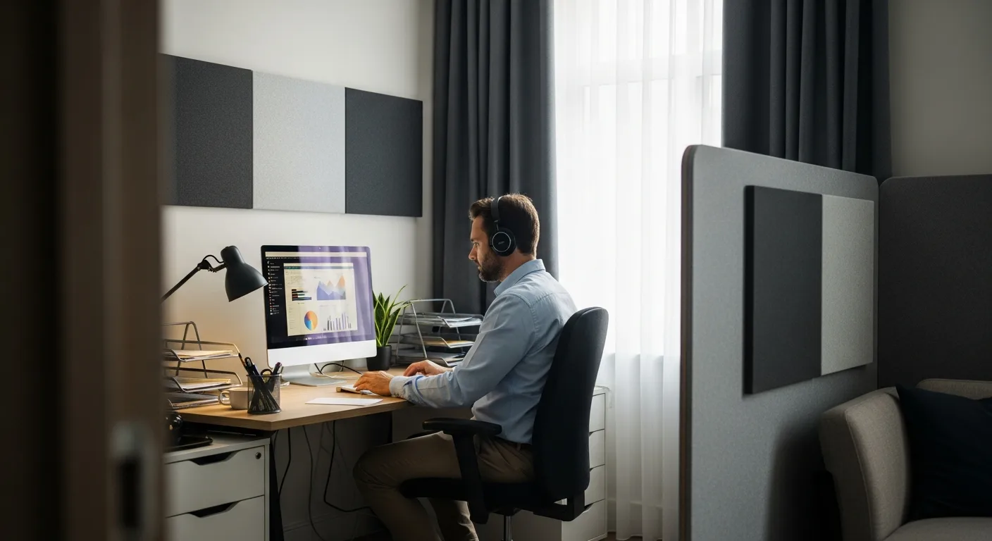 Man working at a desk featuring Home Office Acoustics: Soundproofing & Layouts for Focus with acoustic wall panels.