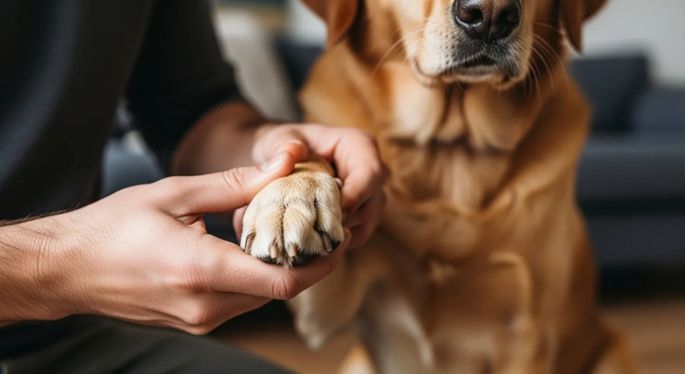 Owner checking a dog's paw for Home Remedies for Dog Frito Feet: Treat Yeast & Skin Allergies.