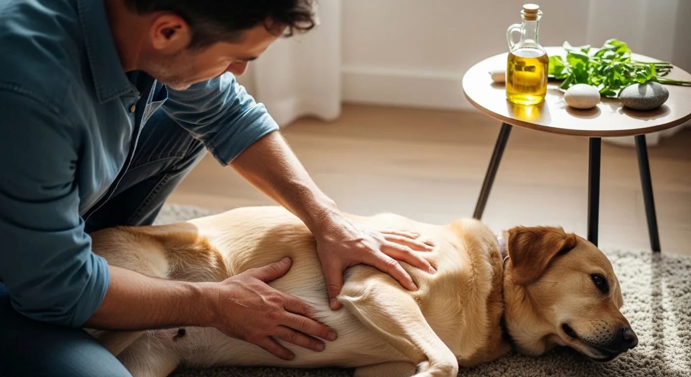 Man providing Home Remedies for Hip Dysplasia in Dogs: Natural Pain Relief Guide care with a gentle massage.
