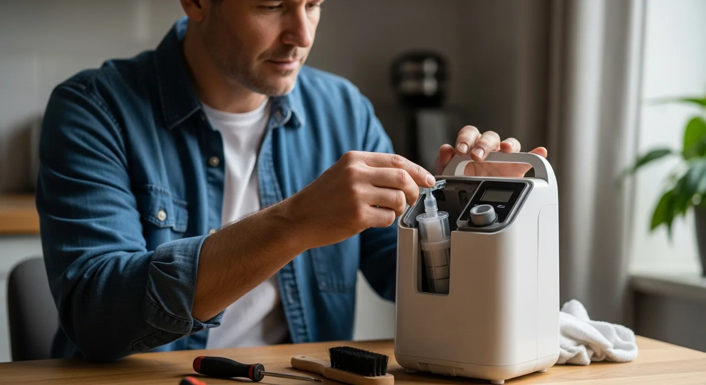 How to Fix Oxygen Concentrator at Home: Maintenance & Troubleshooting Guide shown with man repairing device.