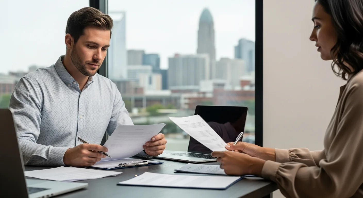 Two people reviewing Lease-to-Own Homes in Charlotte, NC: Contracts, Process & Financing Guide.