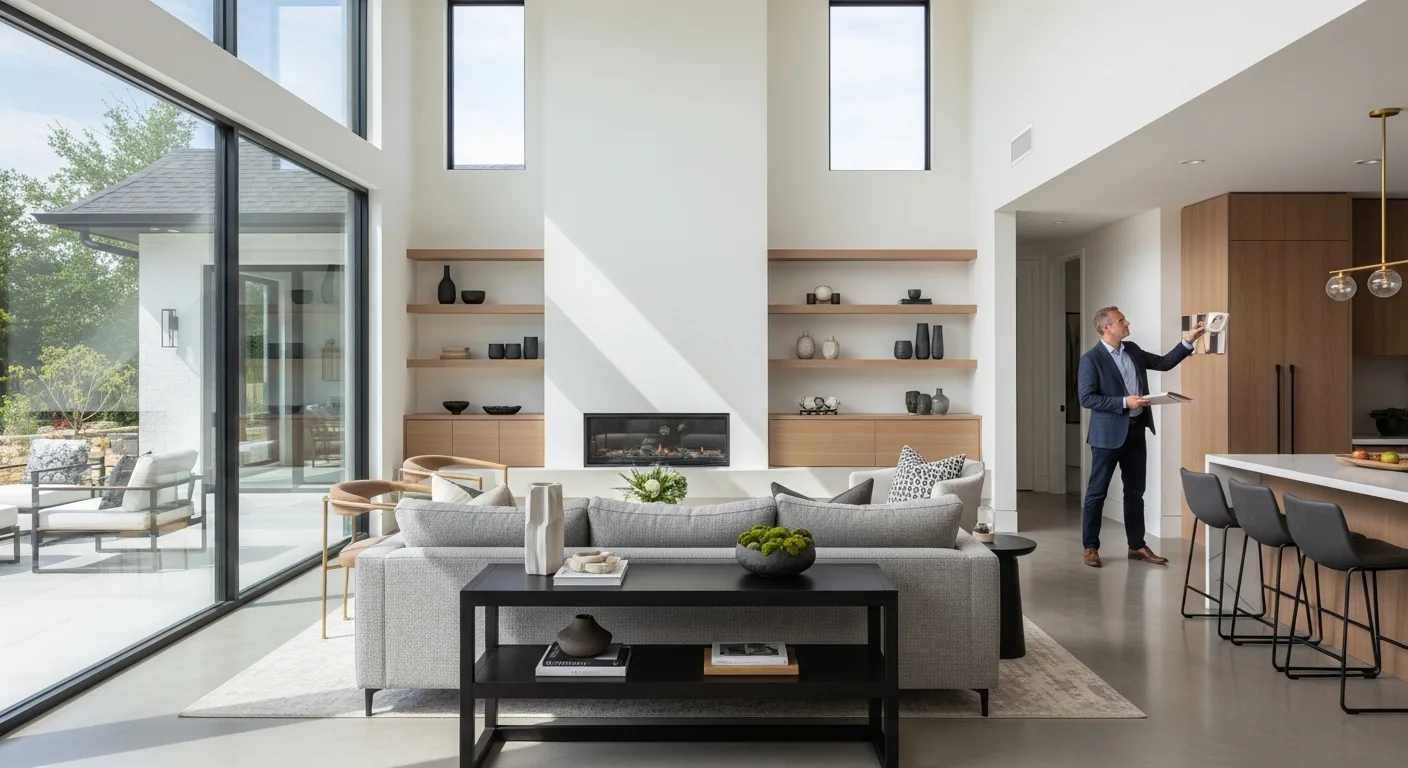 Luxury Home Renovation Ideas: Modern Contemporary Designs & Features in a bright living area with high ceilings.