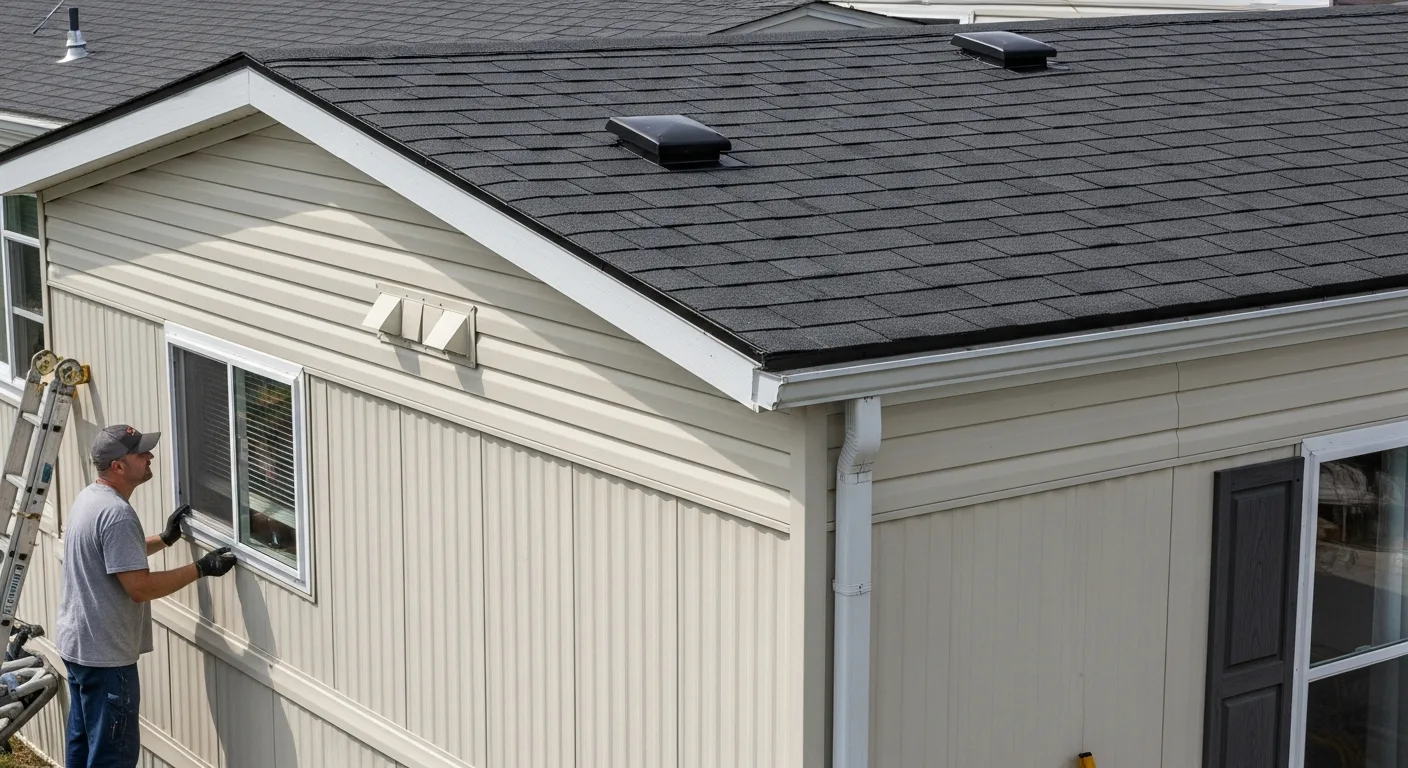 Man repairing a window, part of the Mobile Home Exteriors: Roof Coating, Venting & Skirting Guide for homeowners.