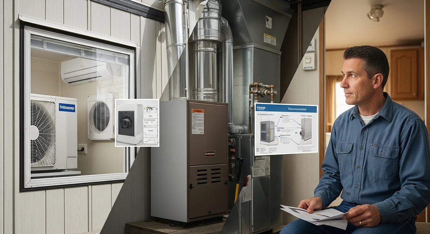 Side-by-side view for Mobile Home Heat Pumps: Efficiency vs. Furnaces Compared featuring units and a homeowner.