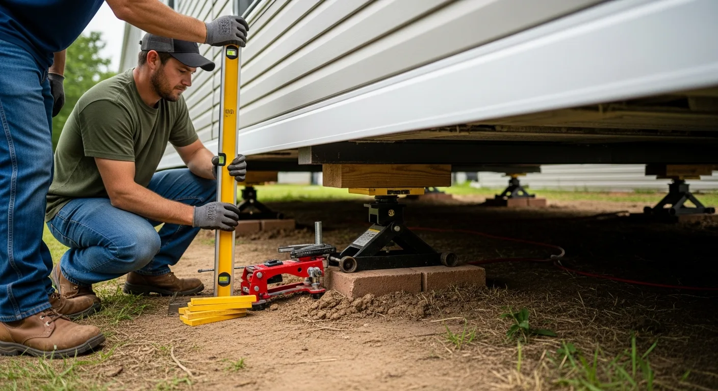Workers using a level for our Mobile Home Leveling Guide: Costs, Dirt Pads & DIY Methods.