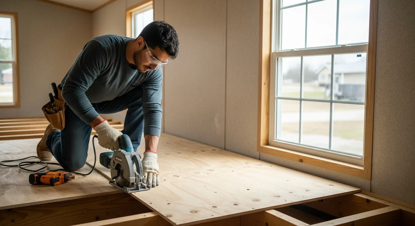 Mobile Home Subfloors & Windows: Complete Replacement Guide imagery showing a contractor installing a new wood subfloor.