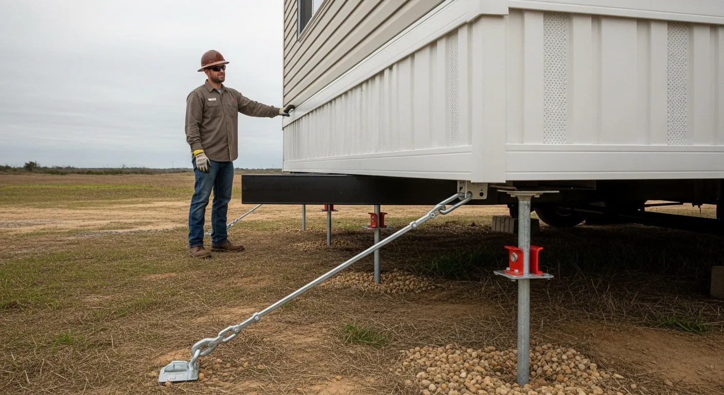 Worker inspecting Mobile Home Wind Zone 3 Requirements: Safety & Anchoring Guide installation.