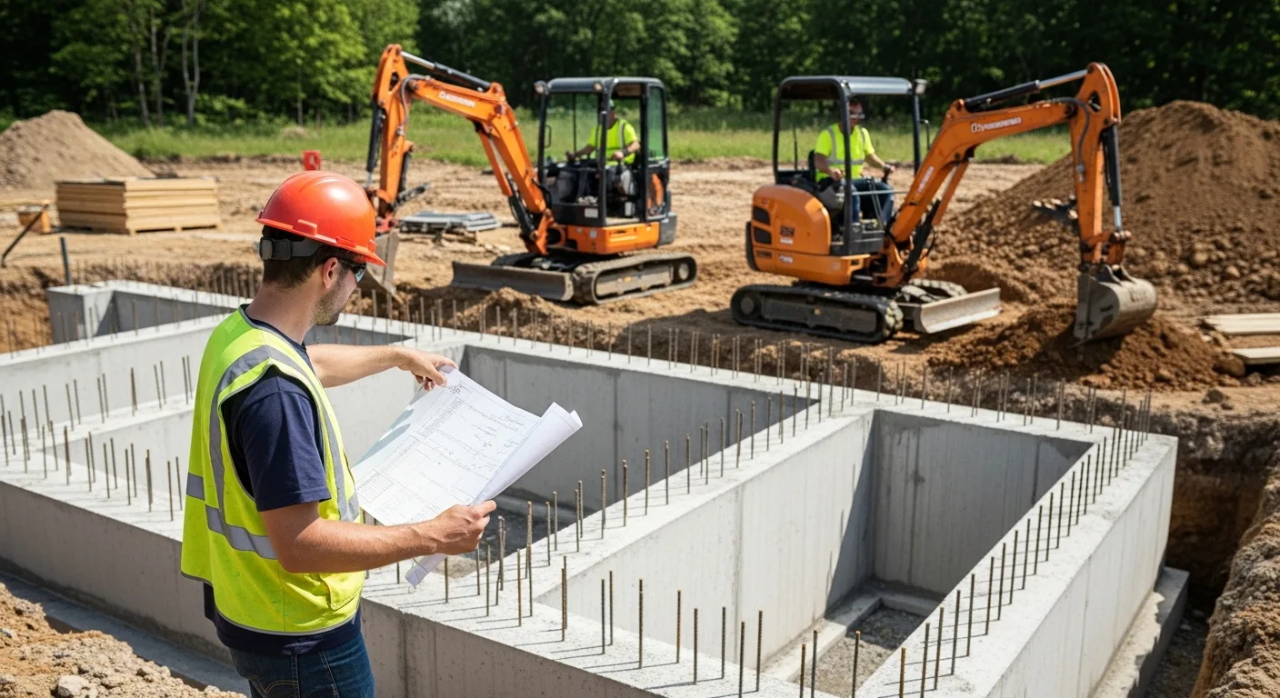 Worker reviews plans for Modular Home Foundations: Basements, Costs & Additions Guide on site.