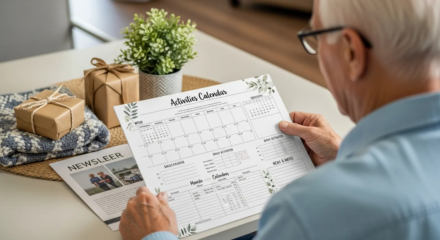 A senior viewing a Nursing Home Activities Calendar: Menus, Newsletters & Gifts Guide on a table.
