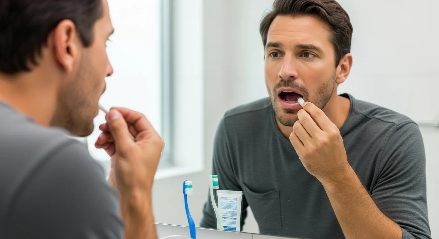 Man performing Oral Health Home Management: Pericoronitis, Ulcers & Canker Sores by applying medicine.