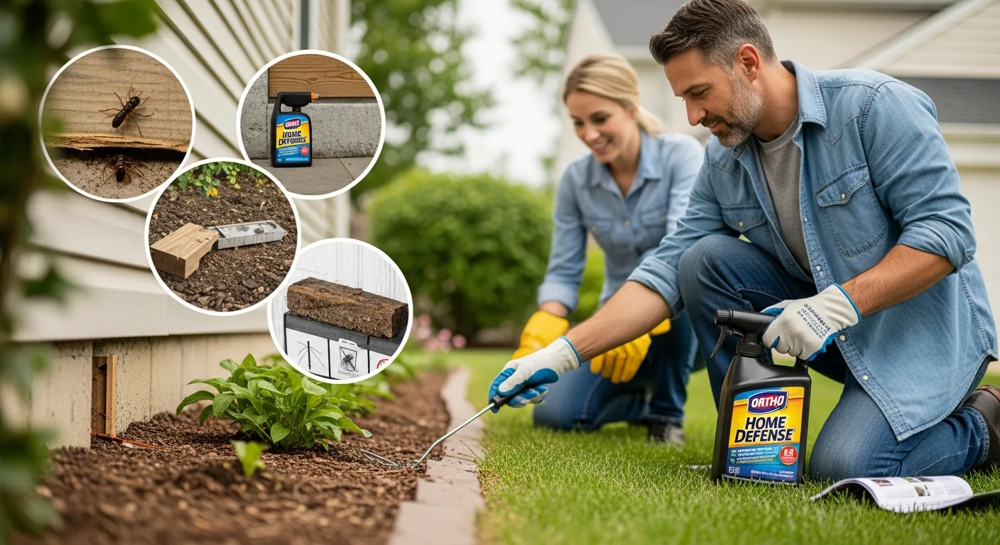 Man applying spray for an Ortho Home Defense Review: Safety, Ingredients & Termite Control around a home foundation.