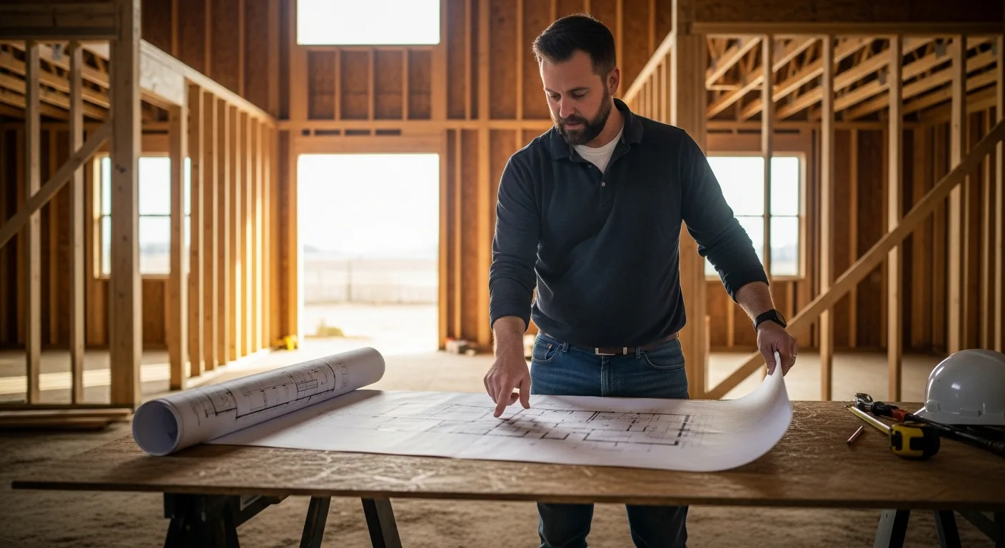 Builder reviewing Pole Barn Home Floor Plans: Costs, Pictures & Design Guide on a construction site.