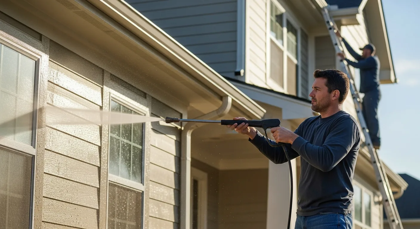 A man follows Power Washing a Home: Complete Guide to Exterior Cleaning & Gutter Maintenance to clean house siding.