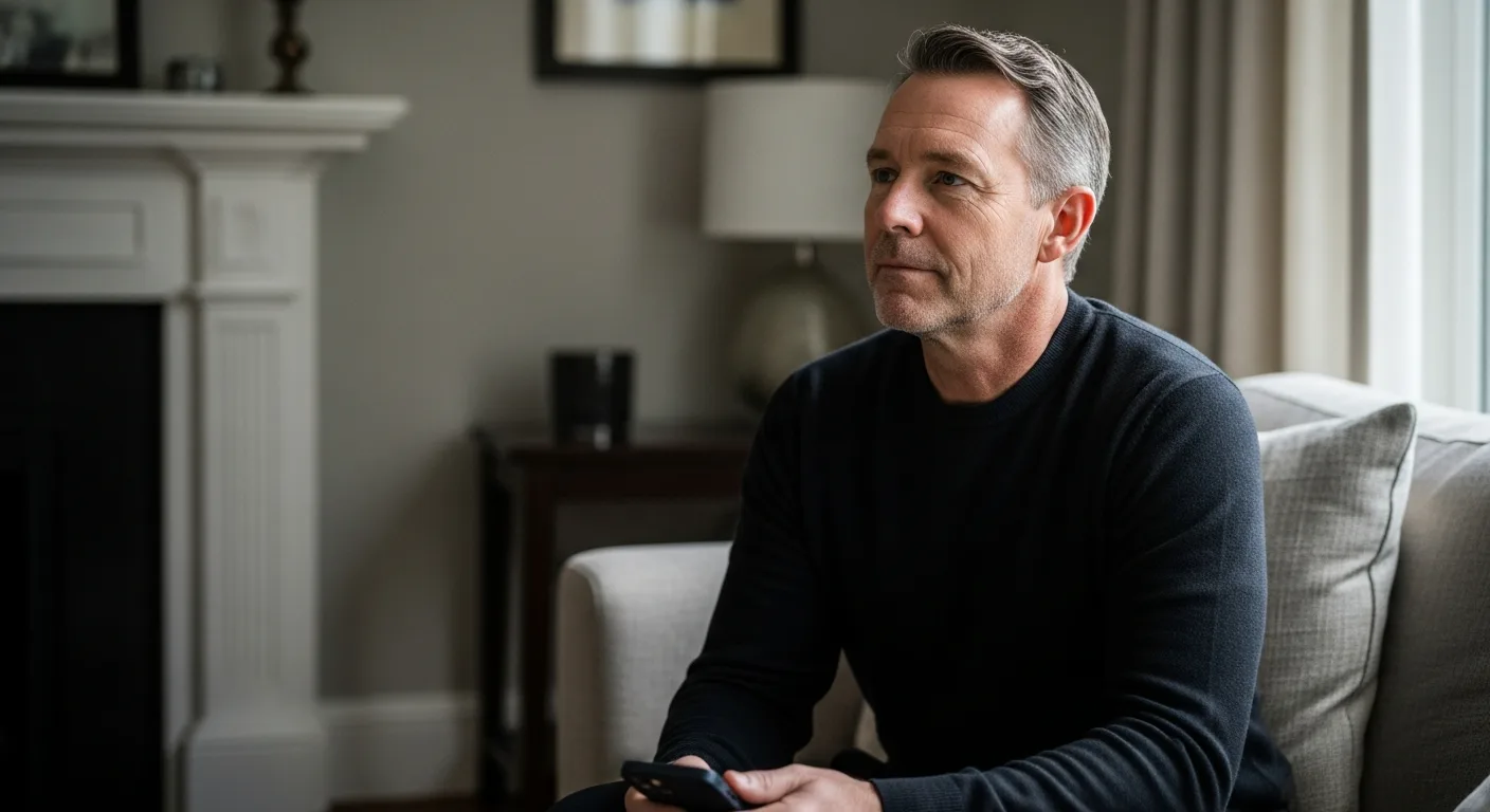 A man holds a phone, learning the Protocol for Death at Home: Immediate Steps & Who to Call in a living room setting.