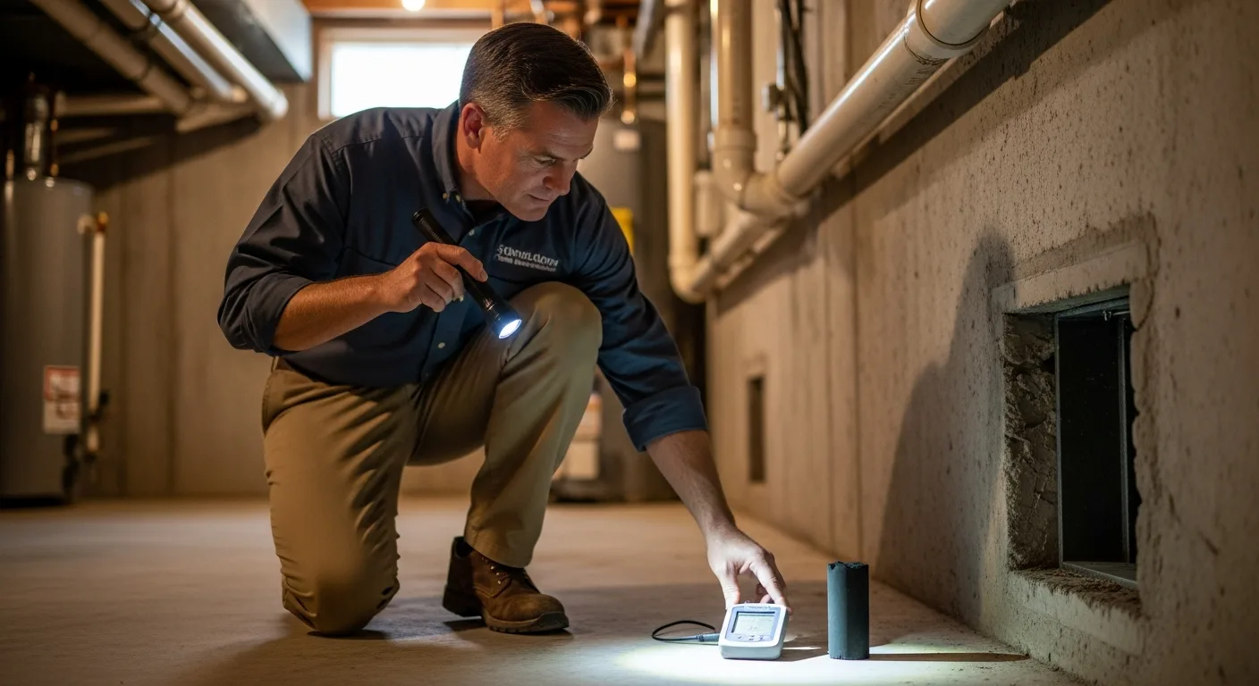 Inspector performing a Radon Home Inspection: Testing, Mitigation & Air Quality Guide in a residential basement.
