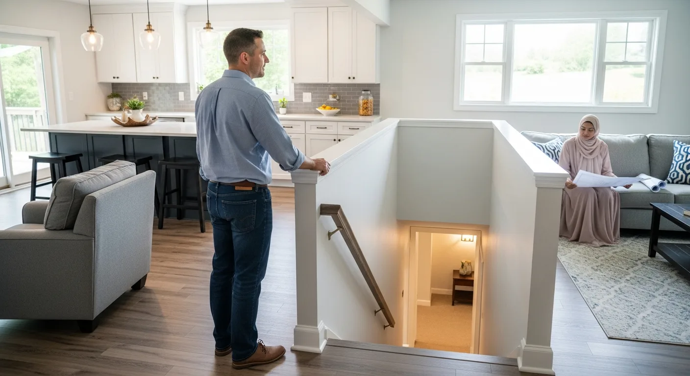 A couple reviews the Ranch Home Renovations: Open Concepts & Basement Additions Guide in a modern, open-plan house.