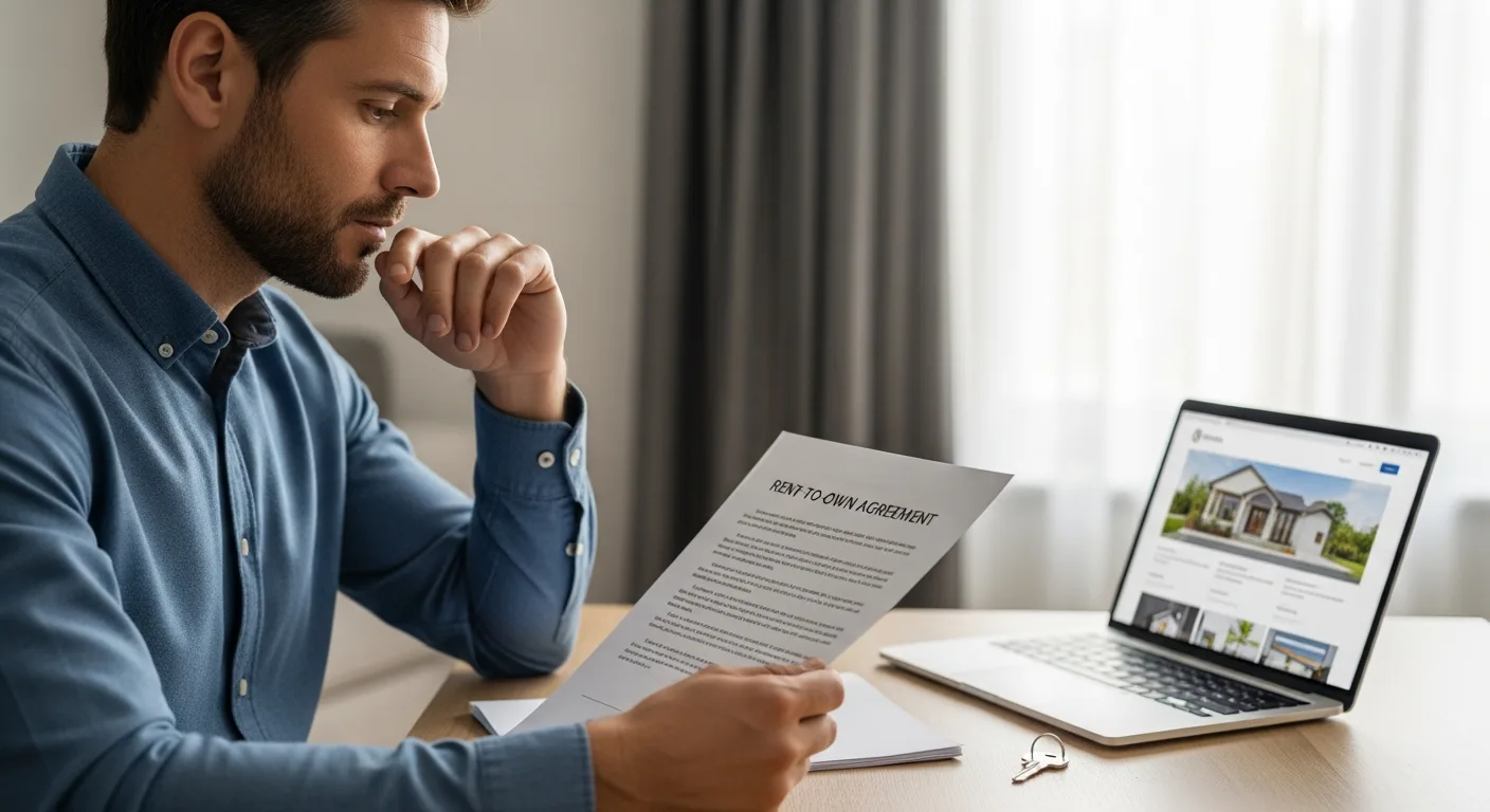 Man analyzing Rent-to-Own Homes: Contracts, Finding Listings & Pros/Cons beside a laptop displaying house listings.