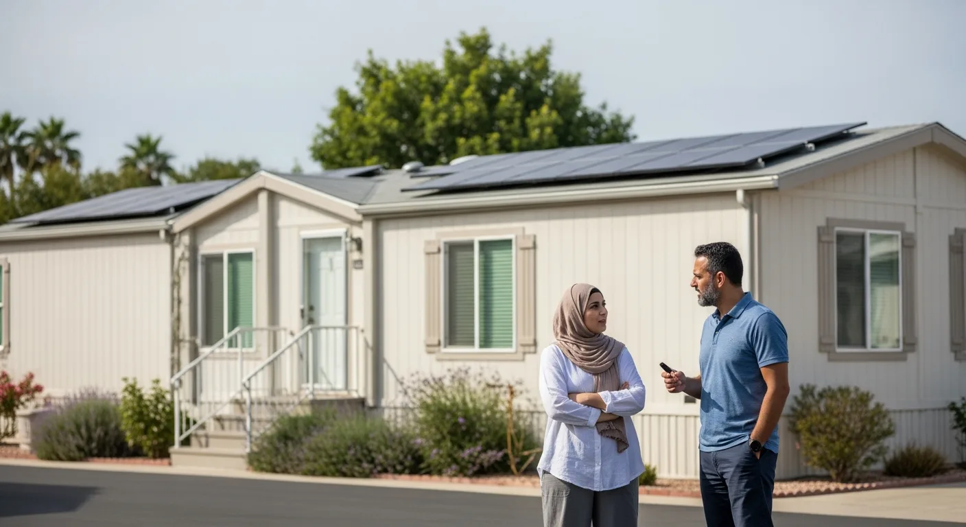 Selling a Home with Solar Panels: Tips for Family Sales & Mobile Homes illustrated by a couple outside a mobile home.