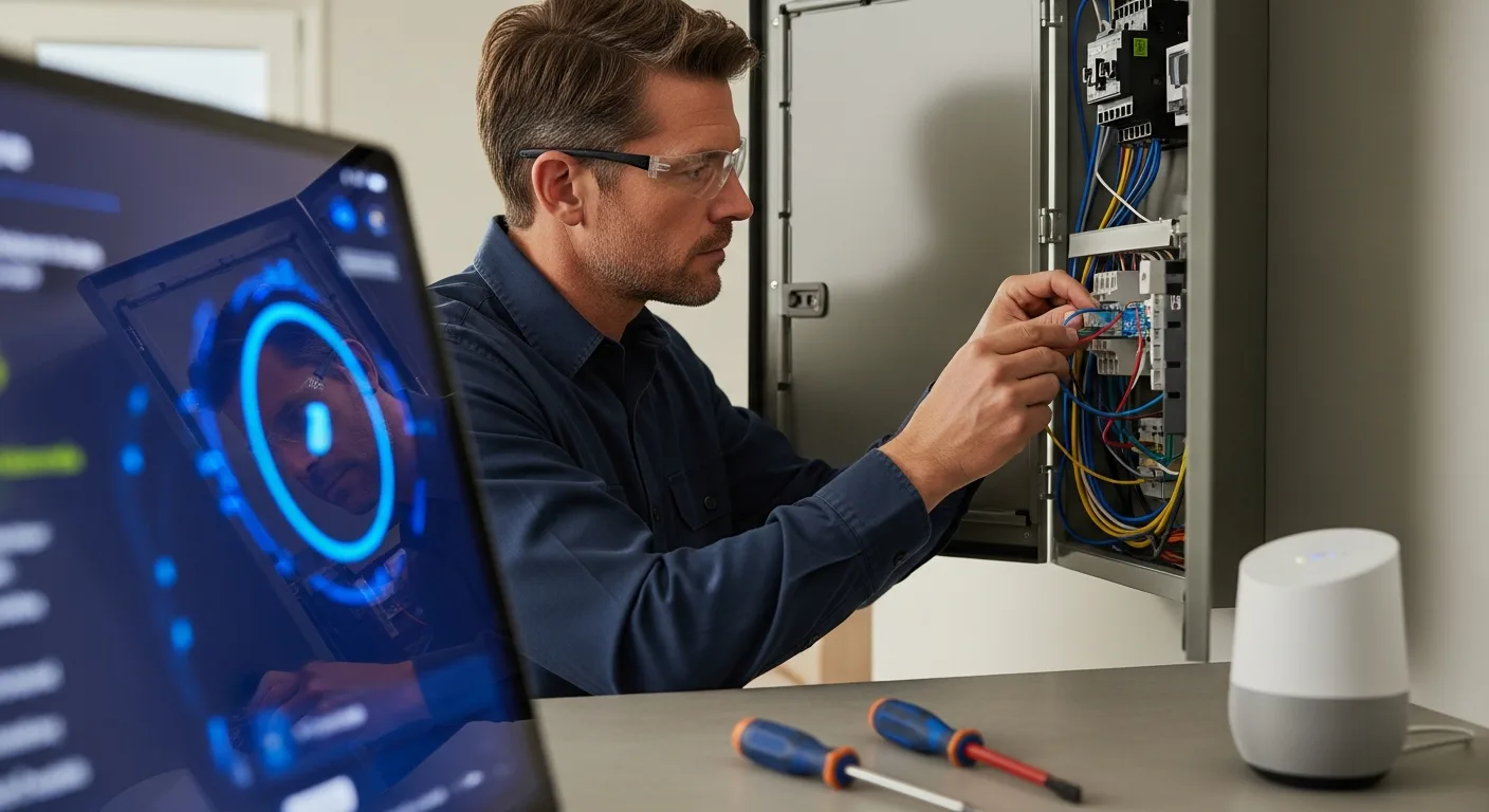 Smart Home Electrical Installation: Wiring, Dashboards & Google Home setup with a technician at an electrical panel.