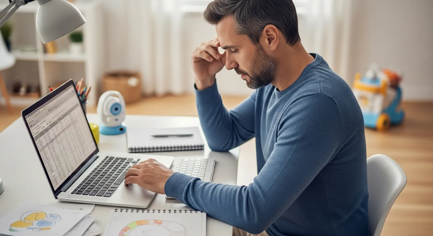 Stressed parent at desk from Stay-at-Home Mom Burnout: Guide to Managing Stress & Side Businesses.