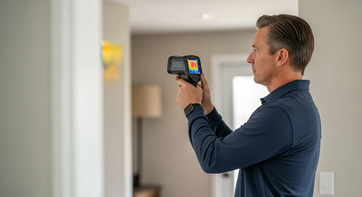 Inspector performing a Thermal Camera Home Inspection: Advanced Tech & Inspector Limits to identify hidden home issues.