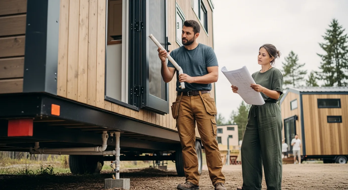 Couple referencing a Tiny Home Logistics: Plumbing, Zoning & Financing Guide while working on exterior pipes.
