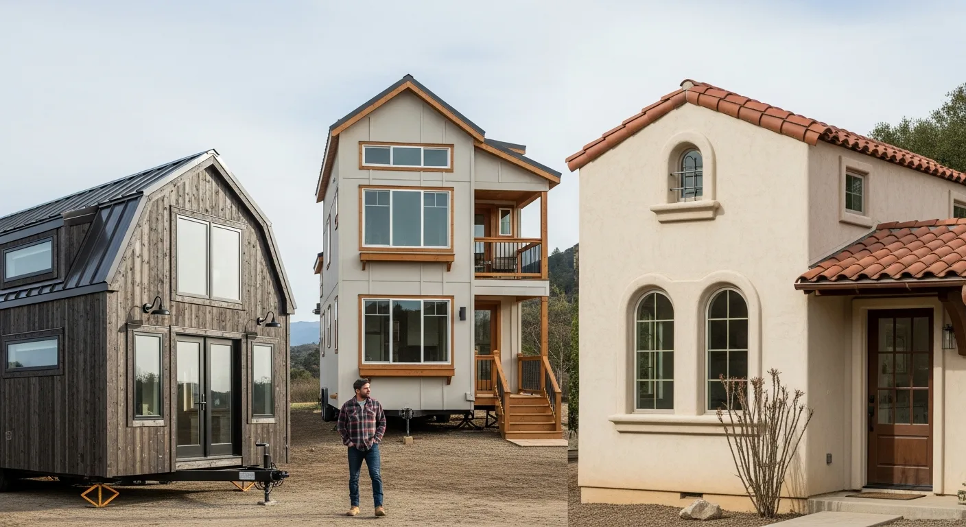 Tiny Home Styles: Barn, Mediterranean & 2-Story Plans Guide featuring various unique small house architecture designs.