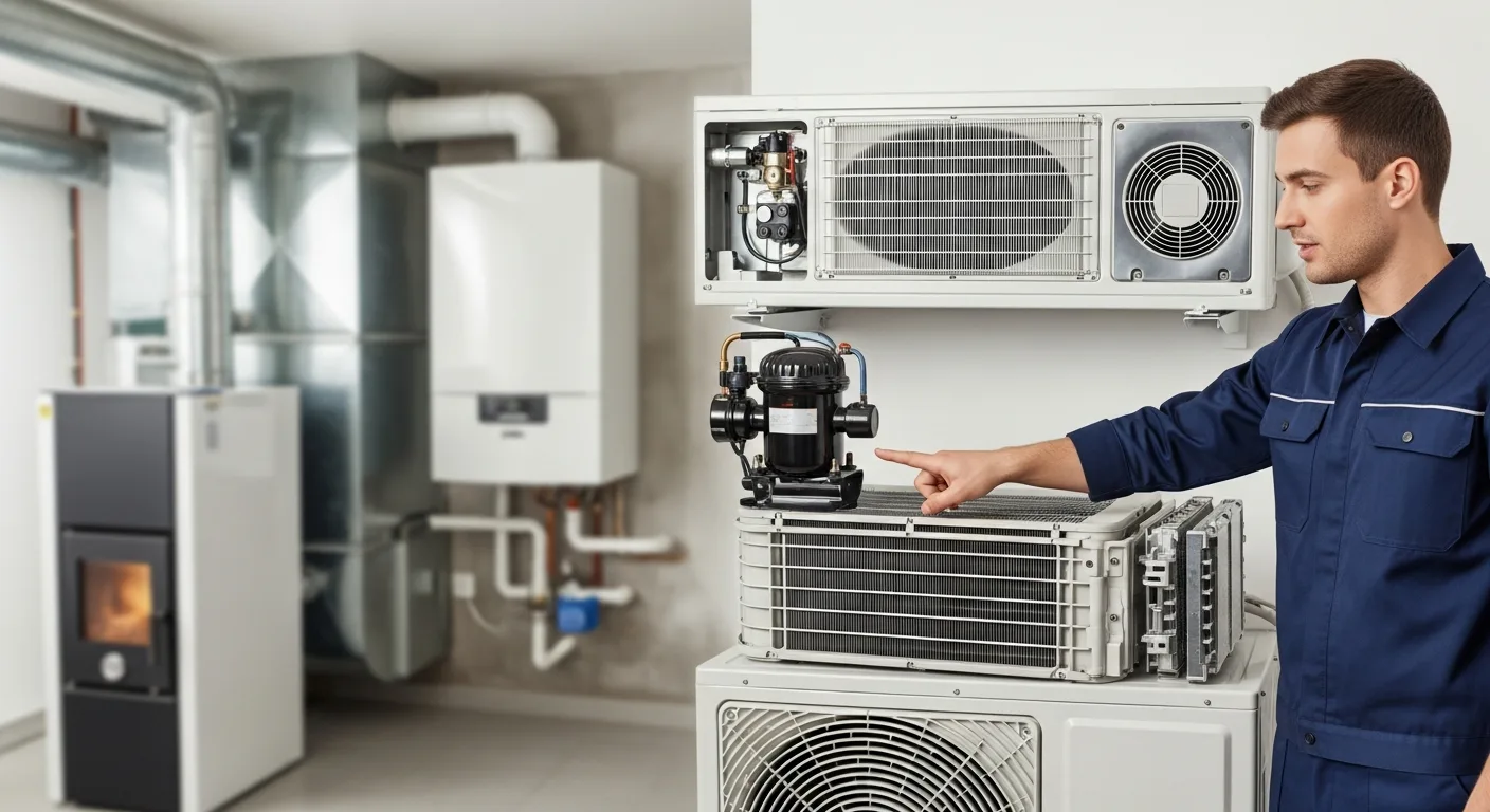 Technician Understanding Home HVAC: AC Parts, Boilers & Furnaces Explained while pointing at a unit.