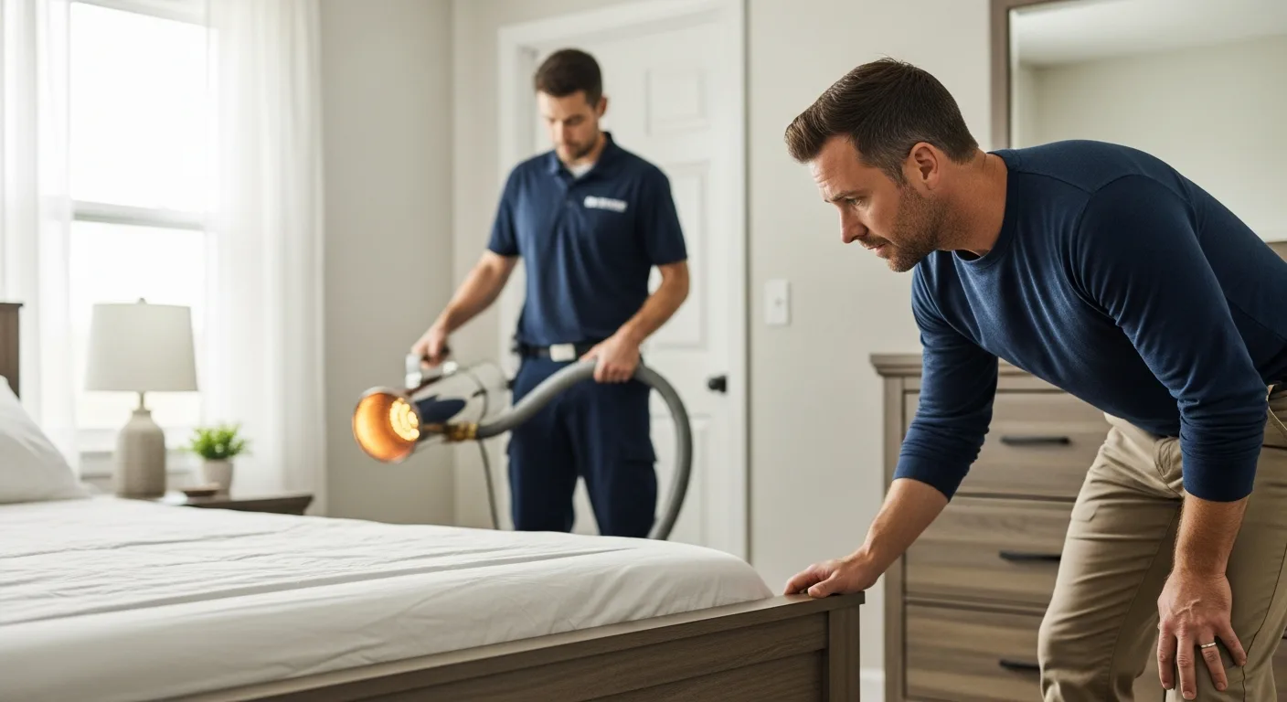 Pest control team using heaters. Will Heat Treatment for Bed Bugs Damage My Home? Expert Guide explains the procedure.