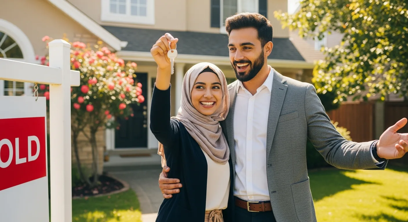 Happy 1st time home buyer couple holds up keys in front of their new house with a red SOLD sign.