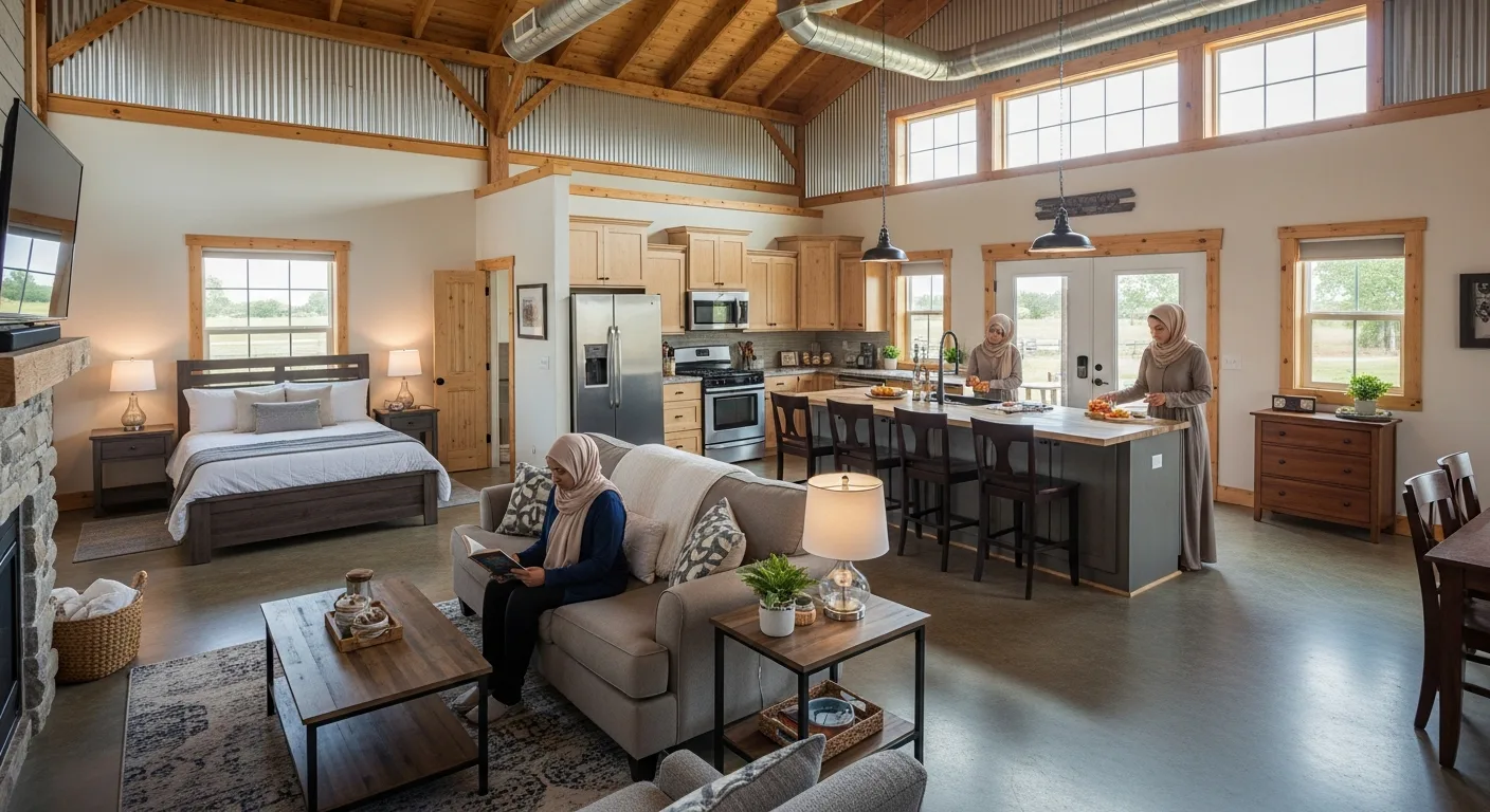 Open-concept interior of a 2 bedroom barndominium featuring wood beams, a kitchen, and a cozy living area.