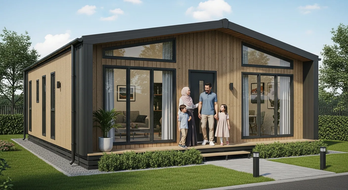 Modern 2 bedroom modular homes featuring wood paneling and a happy family standing on the front porch.