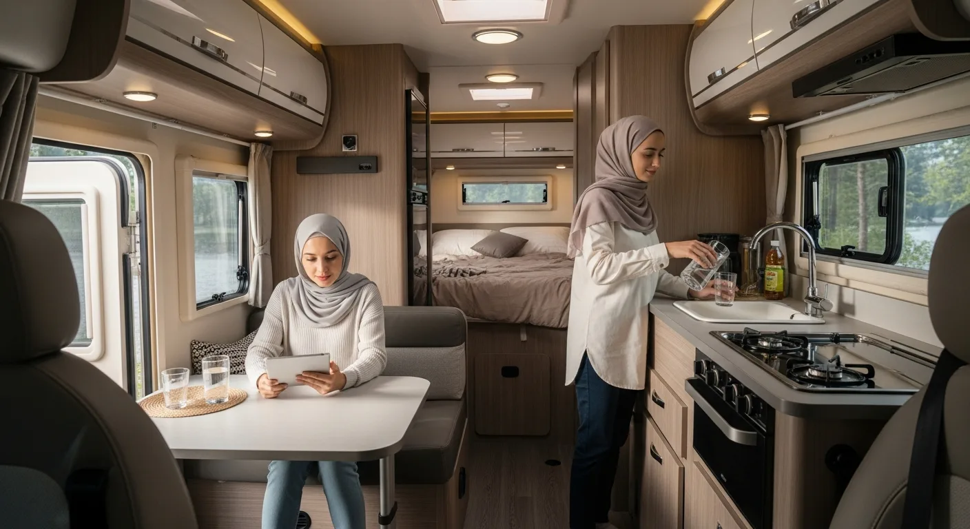 Two women in a 2 bedroom rv; one sits at a table with a tablet while the other pours water in the kitchen.