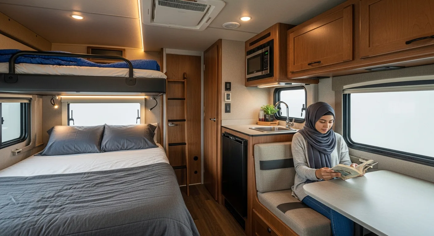 2 bedroom super sleeper truck interior featuring bunk beds, kitchenette, and a woman reading at a small table.