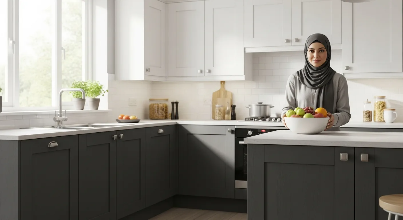 A woman in a hijab holds fruit in a bright kitchen featuring 2 tone kitchen cabinets and white countertops.