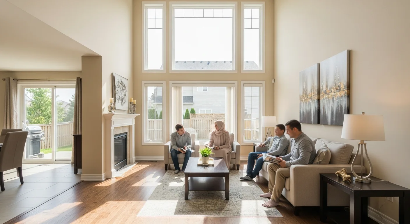 Family relaxing in a spacious 2000 square foot house living room with high ceilings and large windows.