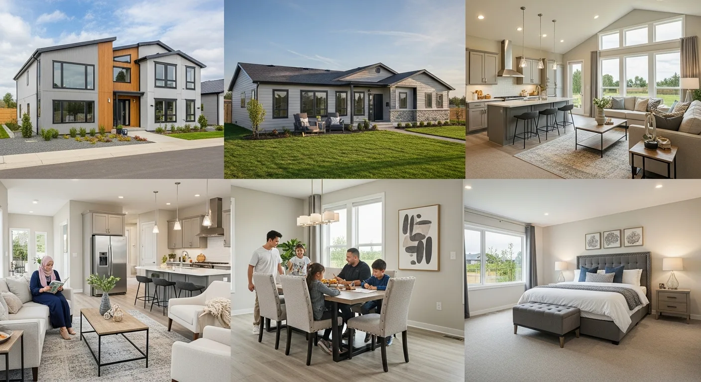 Modern 5 bedroom modular homes showing sleek exteriors, open-plan living areas, and a cozy bedroom.