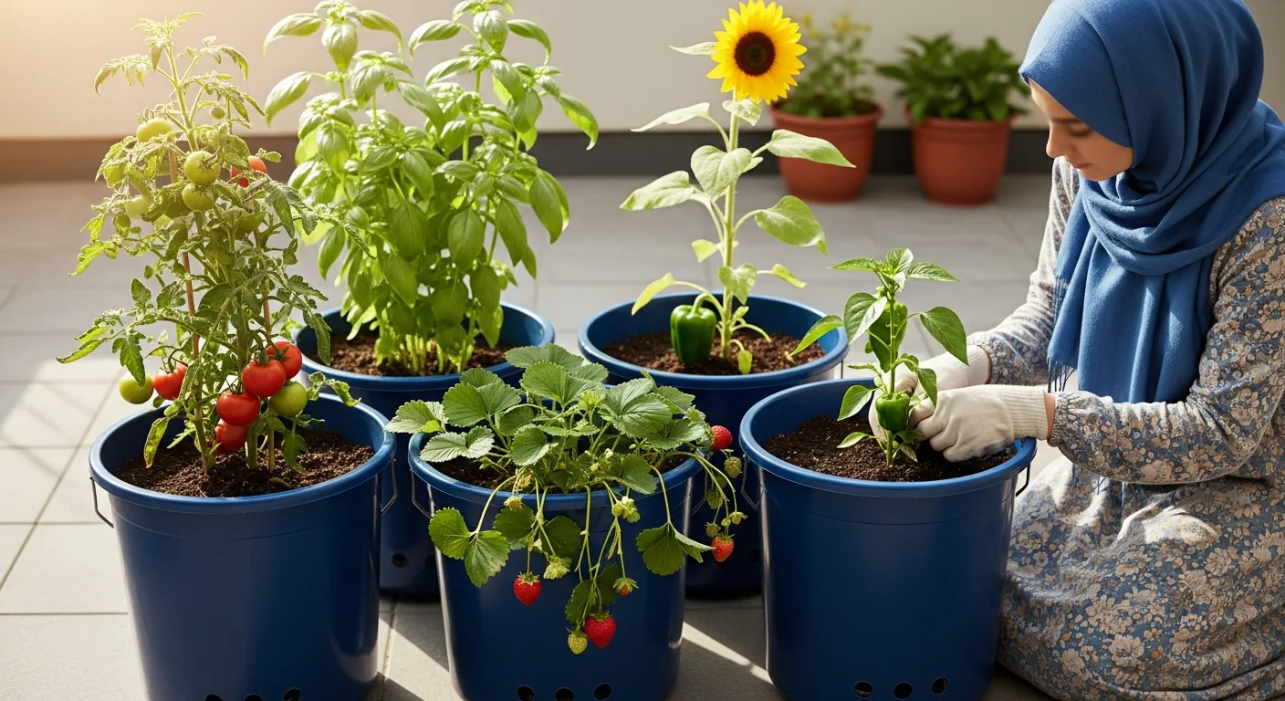 A woman in a hijab tends to her 5 gallon bucket garden featuring tomatoes, strawberries, peppers, and sunflowers.