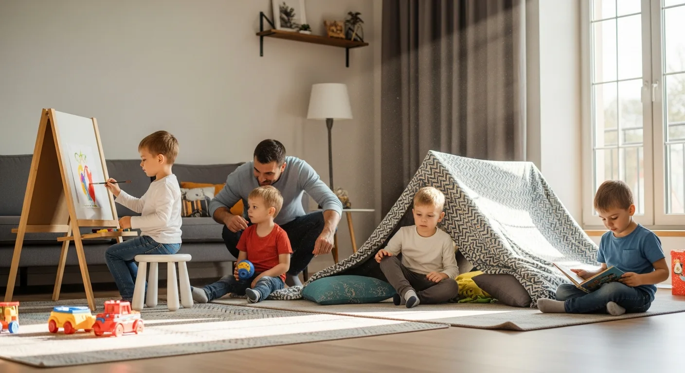 A father and boys enjoy creative activities for kids at home, like painting, reading, and playing in a blanket fort.