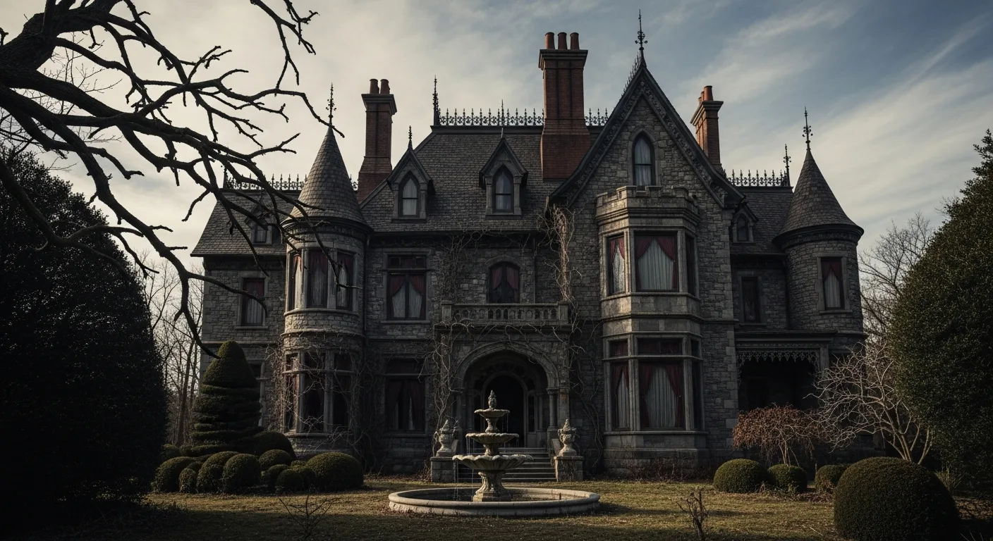 A gloomy, Victorian-style Addams family house with stone walls, turrets, and a front fountain.