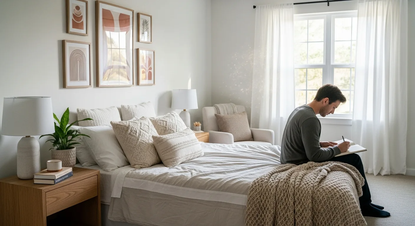 Aesthetic bedroom ideas: man journaling in a peaceful room with cream bedding, a gallery wall, and soft window light.