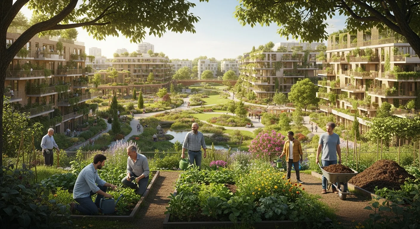 Community gardening in a lush, green urban landscape, representing the all about women garden city concept.